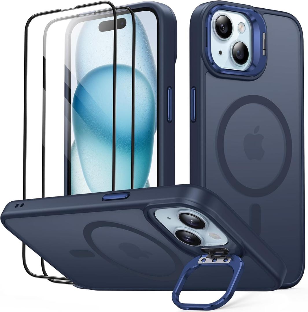 JAME for iPhone 15 Case with Stand, 2X [Tempered Glass Screen Protector][Compatible with Magnetic], Built-in Camera Kick-Stand Phone Cover for iPhone 15, Magnetic Case for iPhone 15 6.1, Blue