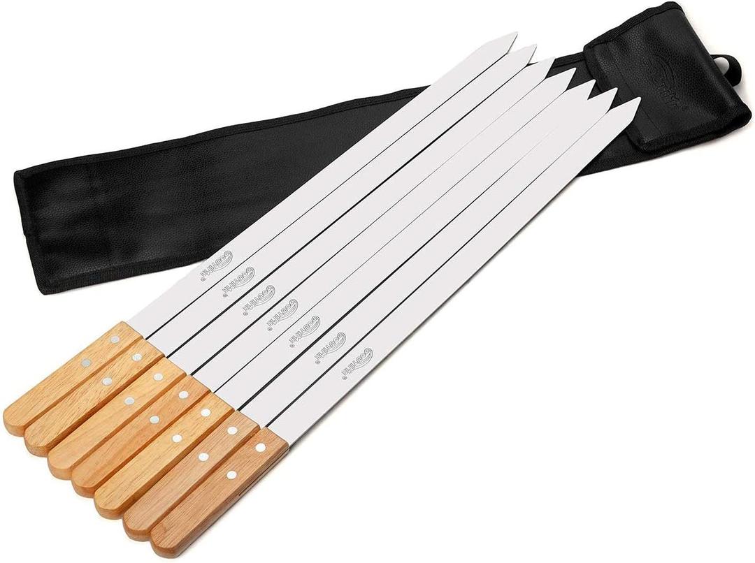Goutime Kabob Skewers 23 Inch Long,1 Inch Wide Stainless Steel Grilling BBQ Skewer with Wood Handle for Making Koubideh Persian Brazilian Chicken Shrimp Kebab,Set of 7 with Bag (23 Inch Long x 1 Inch Wide)