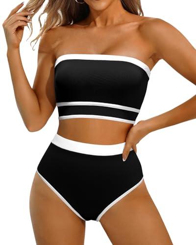 Yonique Bandeau Bikini Strapless Swimsuit - Two Piece High Waisted Bathing Suits Black XL