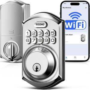 TEEHO TE011W Wi-Fi Keyless Entry Door Lock with Keypad - Smart Deadbolt Lock for Front Door with 2 Keys - Remote Control, Compatible with Alexa & Google, APP Unlock - Easy Installation - Satin Nickel