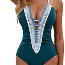 BMJL Women's Sexy One Piece Swimsuit Ruched Tummy Control Bathing Suit Plunge Color Block Swimwear Large