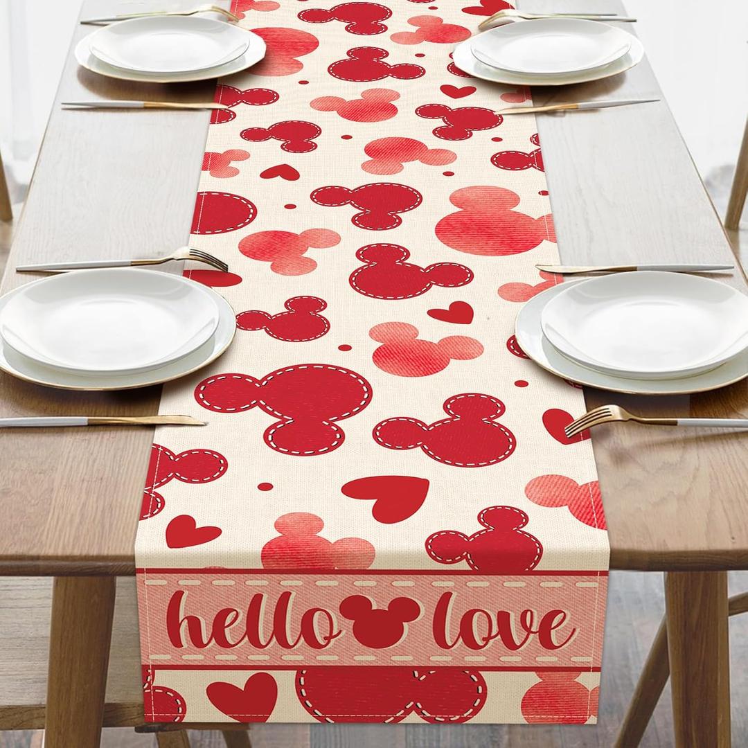 Valentines Table Runner, Hello Love Red Hearts Kitchen Dining Table Decoration, Anniversary Wedding Burlap Indoor Outdoor Home Decor Party Supply 13 x 90 Inches
