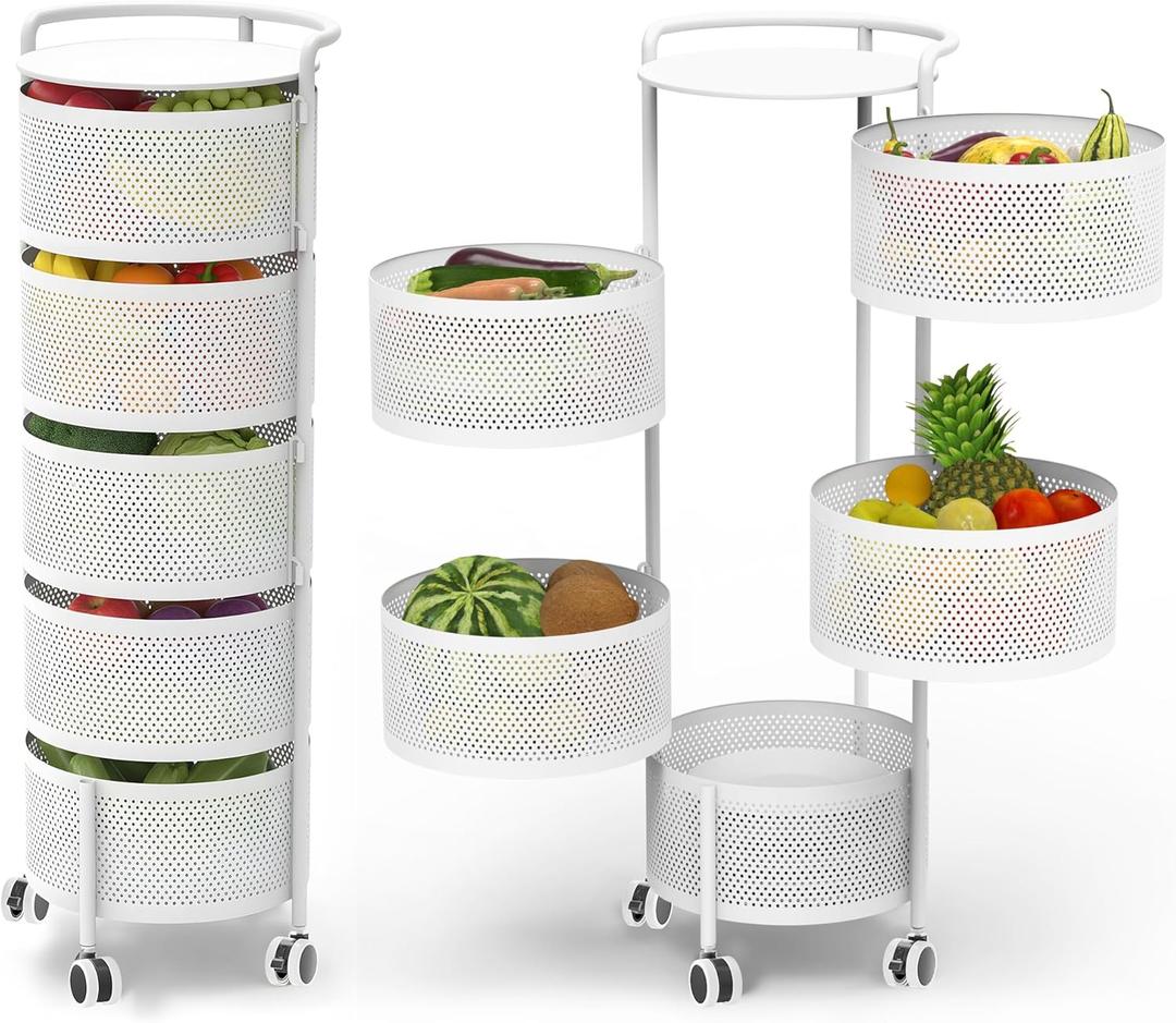 JAQ 5-Tier No Assembly White Rotating Storage Rack, Large Capacity Utility Cart for Kitchen Bathroom Nursery, Heavy Duty Fruit Vegetable Stand, White