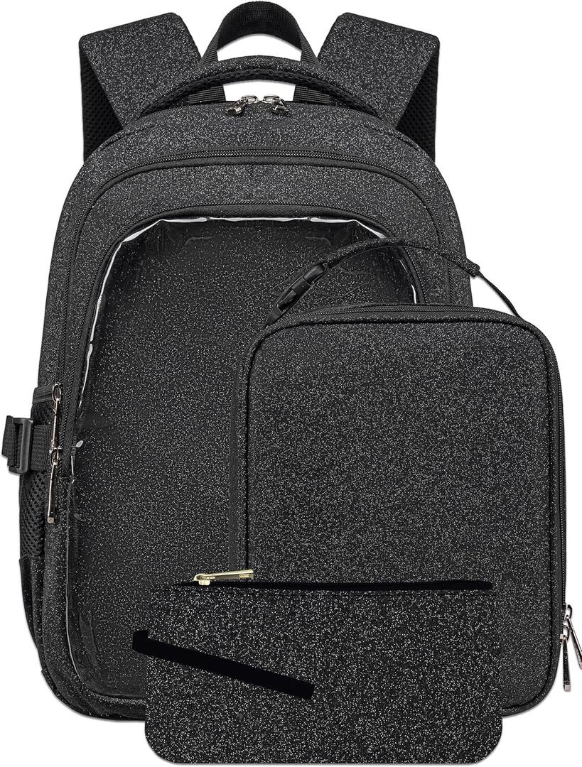 Black Backpacks with Lunch Box for Women Cute Stylish Glitter Kawaii Mini School Book Bag for College School Work Travel Aesthetic Lightweight