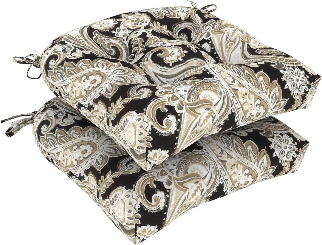 DYTXIII Set of 2 Outdoor Chair Cushions 19"x19"x4", Water Repellent Tufted Patio Seat Cushions with Ties, Thick Replacement Pads for Wicker Dining Chairs, Patio Furniture, Paisley Black