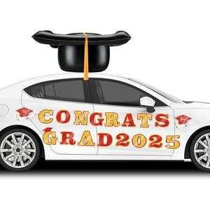 2025 Graduation Car Decorations 23'' Large Inflatable Grad Cap Car Decors Congrats Grad Letters Bulk Class of 2025 PVC Inflatable Cap for Senior High School Collage Prom Party Decors(Red, Gold)
