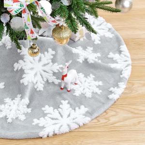 Small Christmas Tree Skirt Faux Fur Tree Skirt 24inch Grey Plush Skirt with Snowflakes for Christmas Party Decorations (Gray)