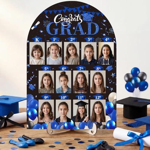 Leinuosen 2026 Graduation Photo Display Kindergarten to 12th Grade Photo Display 12 x 17 Inch School Years Wood Picture Board for Senior High School Graduation Decoration, 2 x 3 Pictures(Blue Black)
