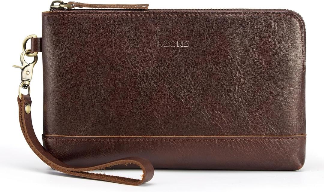 S-ZONE Leather Clutch Purses for Women Wristlet Wallets Small Clutch with Detachable Strap Card Holder Coin Purse (Smooth-brown)