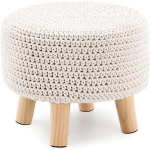 Boho Ottoman Foot Stool Cotton Knitted Round Pouf Ottoman Foot Rest Stool with Non-Skid Wooden Legs Step Stool Padded Seat for Living Room White