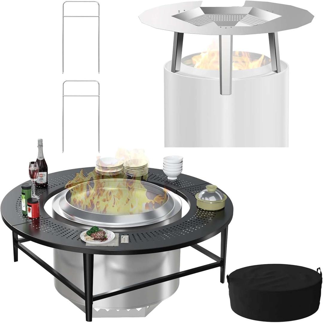 LS'BABQ 45" Fire Pit Surround Tabletop w/Waterproof Cover & Heat Deflector for Solo Stove Yukon 27" Accessories Round Outdoor Fire Pit Table & Stainless Steel Heat Diffuser Accessories
