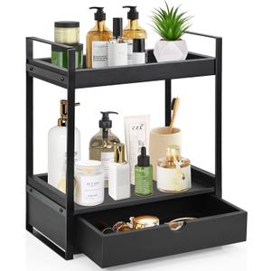 Ukonvi 2-Tier Bathroom Organizer Countertop with Drawer, Wood Counter Shelf for Storage, Vanity Tray for Organization and Decor, Countertop Organizer for Bathroom, Kitchen, Office (Black)