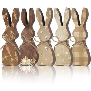 Beeveer 5 Pcs Easter Bunny Wooden Signs Table Decor Tiered Tray Decor Rustic Rabbit Table Centerpiece Freestanding Gifts for Easter Farmhouse Spring Party(Classic)
