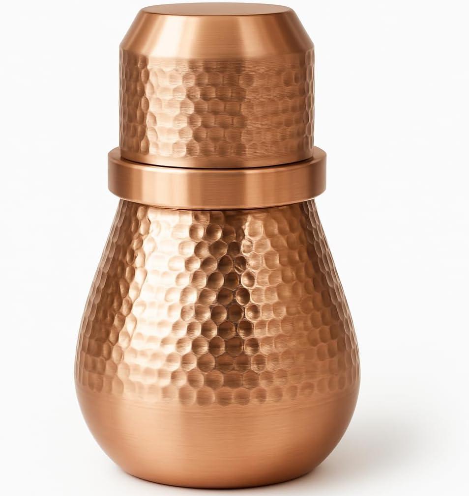 Pure Copper Bedside Water Carafe with Cup  1 Liter (33.8 Oz) Hammered Copper Carafe Set for Tamra Jal  Ayurvedic Drinking Water Vessel for Daily Use