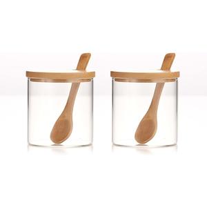300ML/10Oz Clear Glass Jar with Bamboo Lid and Wooden Spoon, Cute Sugar Bowl Bath Salt Storage Canister Seasoning Container Condiment Pot with Scoop for Spice, Pepper for Kitchen, Table, Countertop