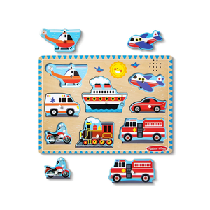 Melissa & Doug Vehicles Sound Puzzle - Wooden Peg Puzzle With Light-Activated Sound Effects (8 pcs) Puzzles for Toddlers, Wooden Puzzles For Kids Ages 2+