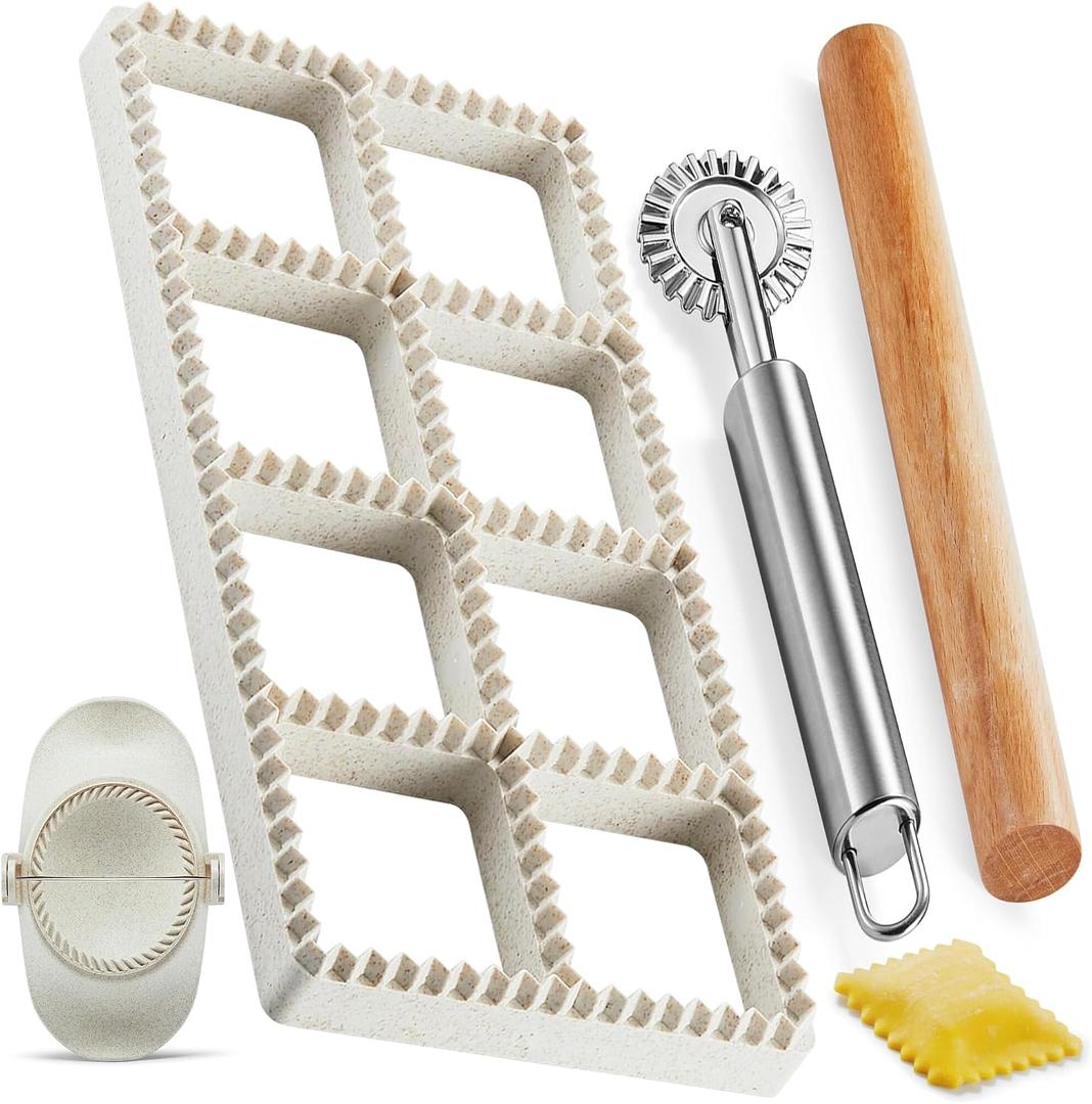 Ravioli Maker Press, Ravioli Press Mold Set - 1.85" Squares Ravioli Stamp Maker Cutter with Wood Rolling Pin, 2.6" Empanada Maker Press Kit and Ravioli Wheel, Makes 8 Ravioli