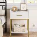 Masupu Nightstand with Charging Station,3-Tier Modern Bedside Night Stand with Storage Drawer and Shelf,Small End Side Table for Bedroom,Living Room,White