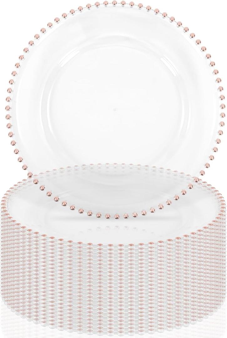 24 Pack Clear Charger Plates With Rose Gold Beaded Rim, 13 Inch Acrylic Round Plate Chargers for Dinner, Plastic Decorative for Table Setting, Wedding, Party, Event (Rose Gold)