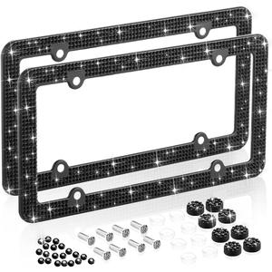 Bling Rhinestone License Plate Frames for Women, 4 Row Rhinestone Diamond Metal Stainless Stee License Plate Cover Bling Car Accessories Decoration (2 Pack, 4 Holes Black)