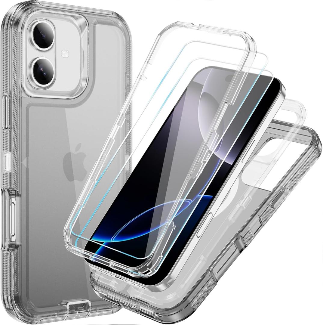 Compatible with iPhone 16 Case with HD Screen Protector, Heavy Duty Shockproof [3 in 1] Clear Phone Cases for iPhone 16 6.1" (Black)
