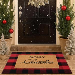 Christmas Door Mat Combo Set - 100% Coco Coir Welcome Mat + 28 x 43 Inch Red and Black Plaid Rug, New Year Holiday Christmas Collection Doormat for Front Porch Entryway Decorative