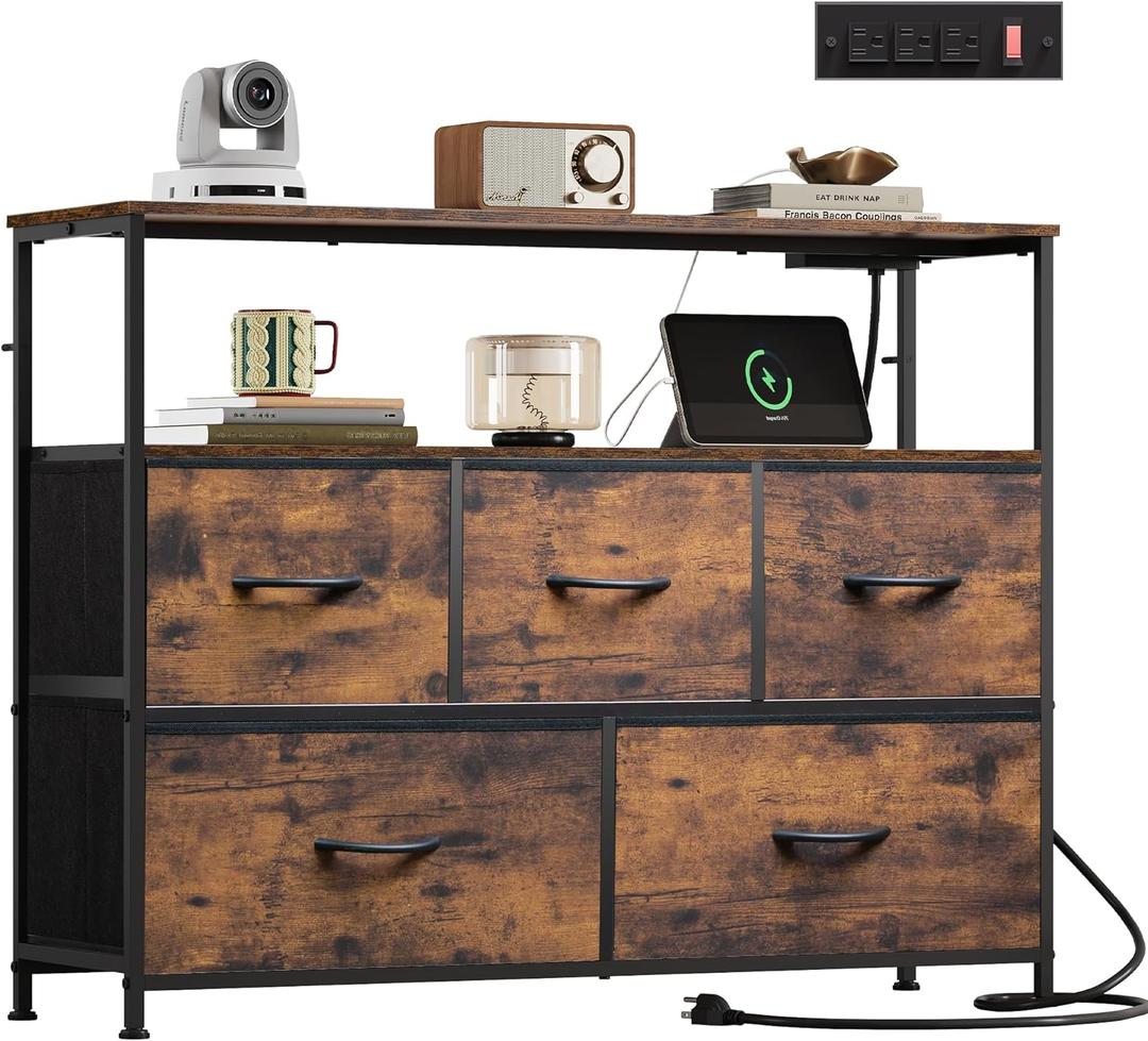 WLIVE Dresser for Bedroom, 5 Drawer Dressers with Charging Station, Fabric Chest of Drawers with Open Shelves, Storage Dresser for Living Room, Closet, Entryway, Rustic Brown Wood Grain Print