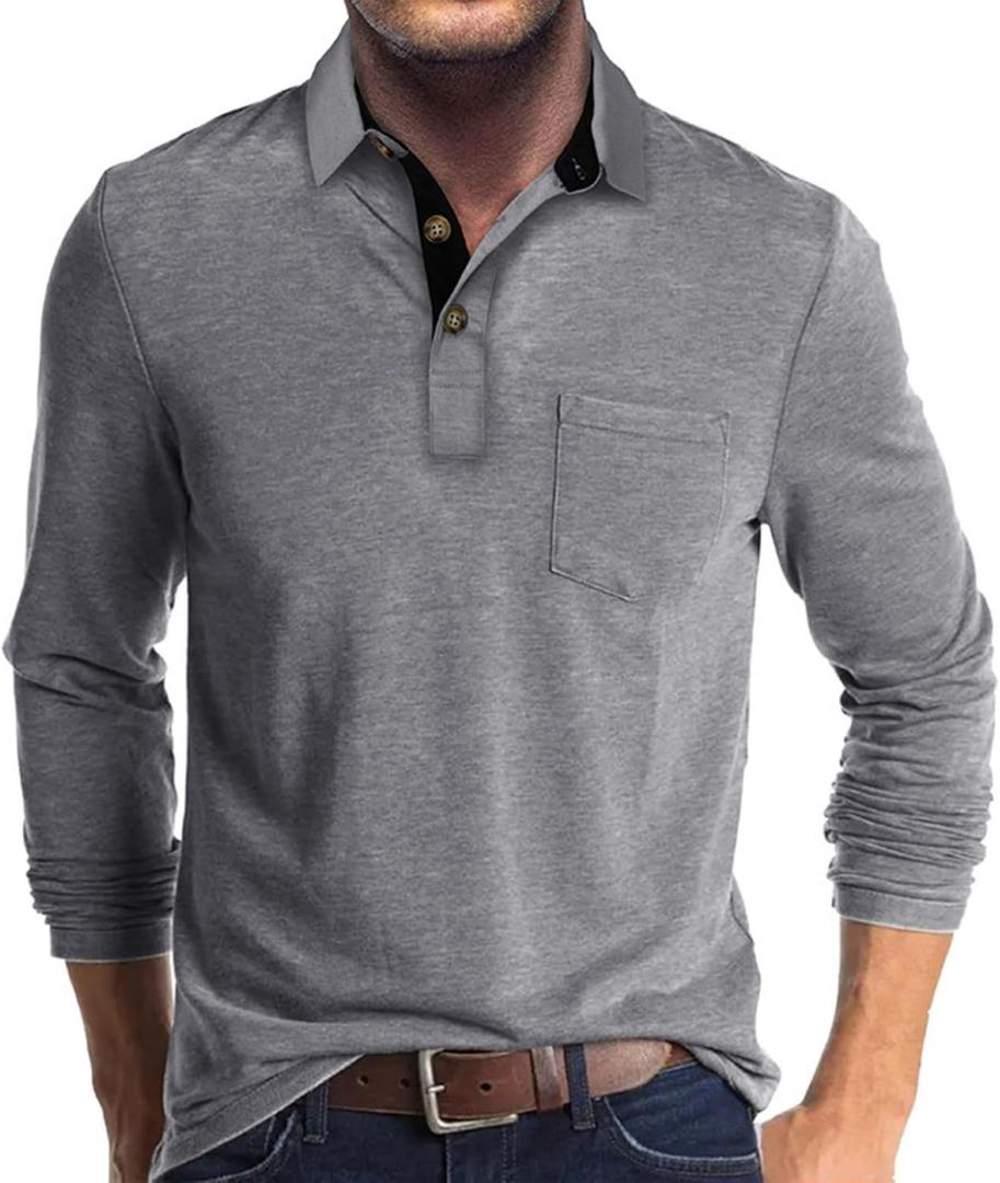 Men's Casual Polo Shirts Classic Button Basic Long Sleeve Shirt Solid Color Cotton Tees Stylish Tops (XX-Large, Light Grey)