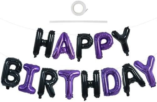 TONIFUL Happy Birthday Balloons Banner 16 Inch Mylar Foil Letters Birthday Sign Banner Bunting Reusable for Girls Boys Kids & Adults Birthday Decorations and Halloween Party Supplies（Black Purple）
