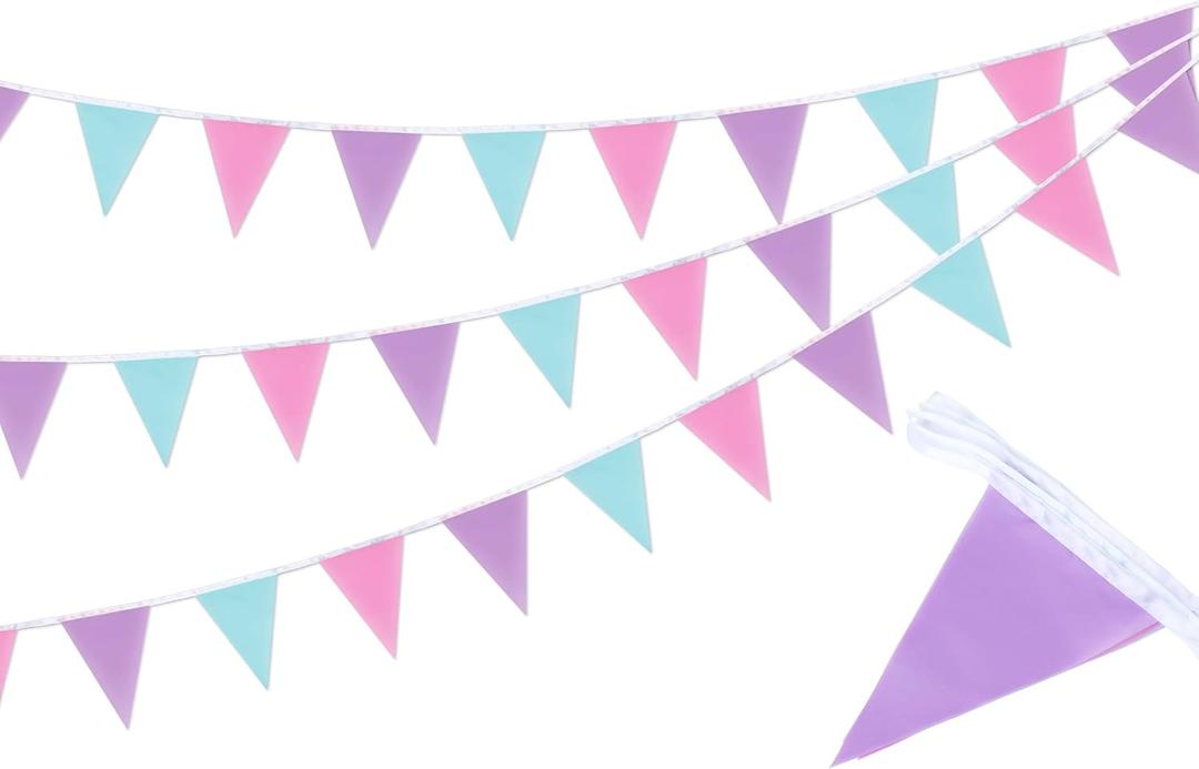 3 Pcs Pastel Purple Triangle Bunting Banners, 48 Ft Fabric Pennant Banner Flags Garland Streamer for Under The Sea Theme Birthday Wedding Baby Shower Outdoor Indoor Home Decorations