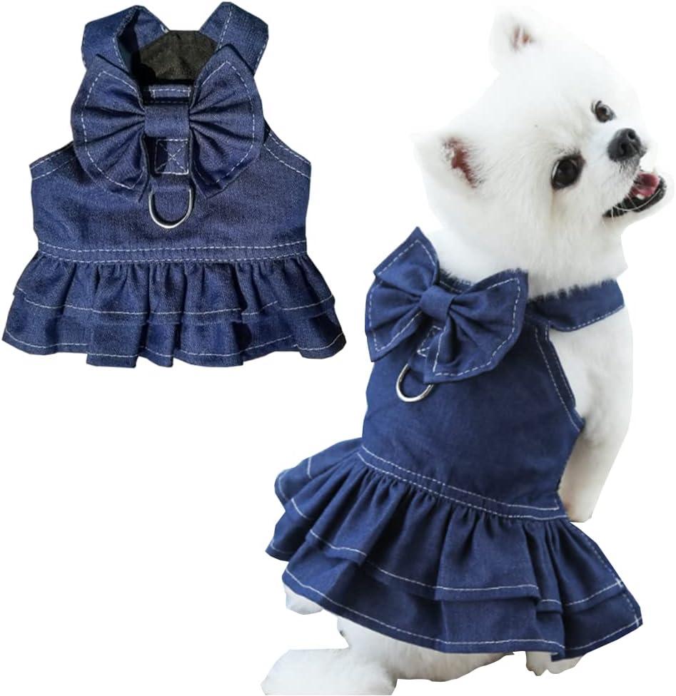 ANIAC Denim Dog Dresses for Small Dogs Puppy Girl Clothes with Leash Ring and Cute Bow Knot Summer Cat Apparel with D-Ring Blue Girl Dog Clothes (DAR Blue,Large)