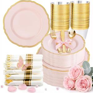 Hioasis 350pcs Pink and gold Plastic Plates - Pink Plastic Dinnerware Set Includes 50 Dinner Plates, 50 Dessert Dinnerware, 50 Cups, 50 Rolled Napkin Cutlery Perfect for Wedding & Mothers Day