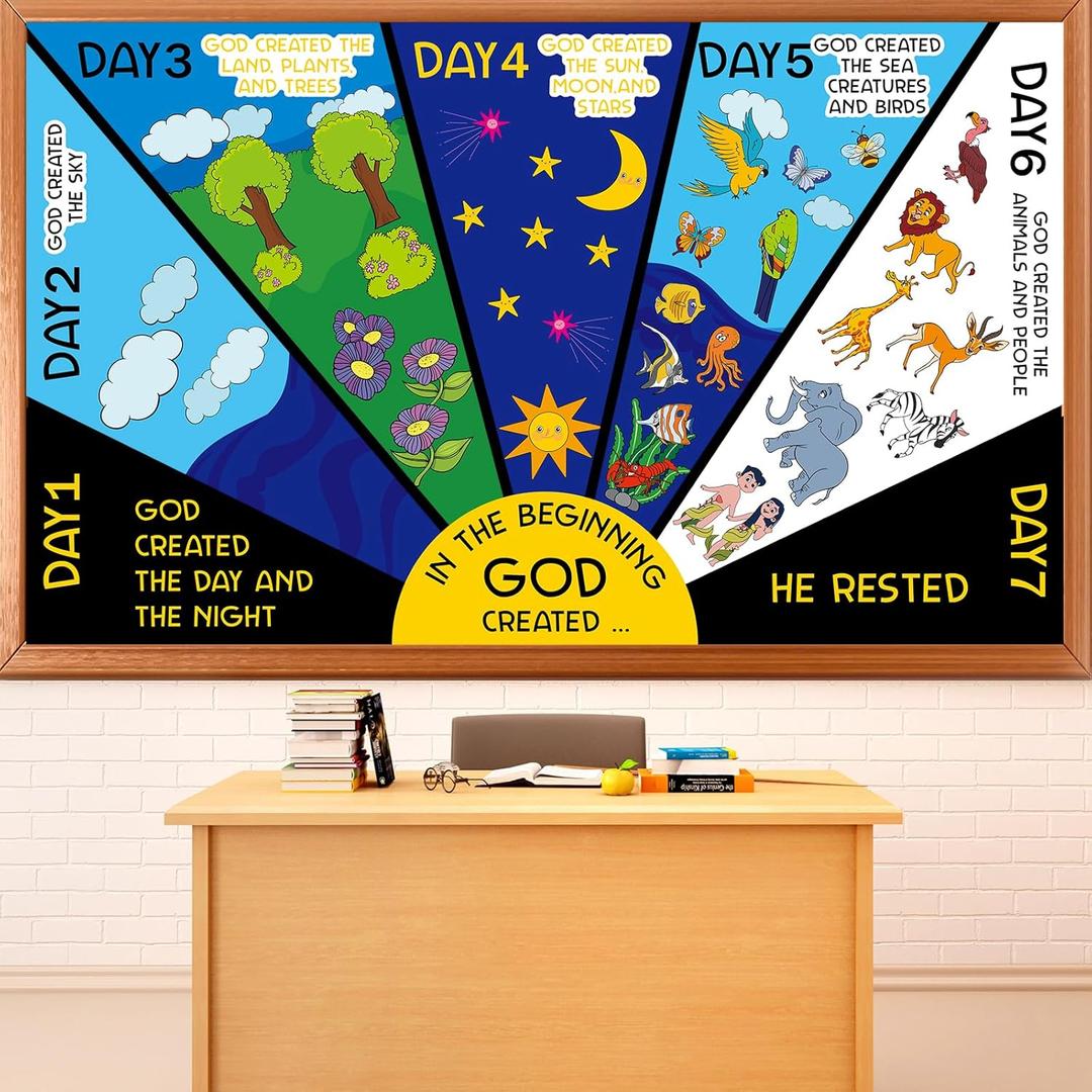Christian Bulletin Board Set Religious Easter Classroom Decoration 7 Days of Creation Decor God Created The World Educational Paper Cutout for Church Back to School Chalkboard Nursery Teacher Supplies