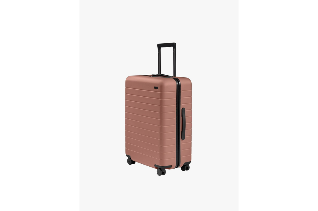 Away Medium Checked Luggage, Lightweight Hard Shell Suitcase with Spinner Wheels, Durable Rolling Luggage, TSA Lock, 26 Inch, Clay Pink