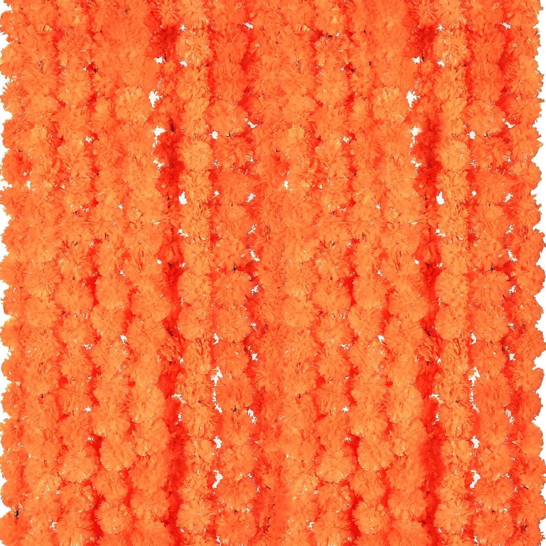 Giegxin 15 Pack Marigold Garland for Decoration 5 ft Long Strands Faux Artificial Marigold Flowers Diwali Indian Wedding Party Mantle Decor for Da de Muertos Pooja Easter(Orange Red)