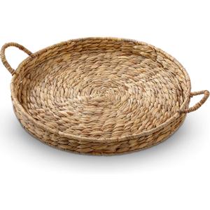 Round Woven Hyacinth Serving Tray with Handles Rattan Decorative Storage Basket for Fruit Arts Crafts Breakfast Coffee Table Dining, 1.97 x 21.65 Inches
