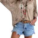 Allimy Womens Summer Tops Crochet Coverups Long Sleeve Sexy Sweaters Beach Cover ups Resort Wear Cruise Vacation Outfits for Women 2026 V Neck Boho Clothes Khaki, Medium