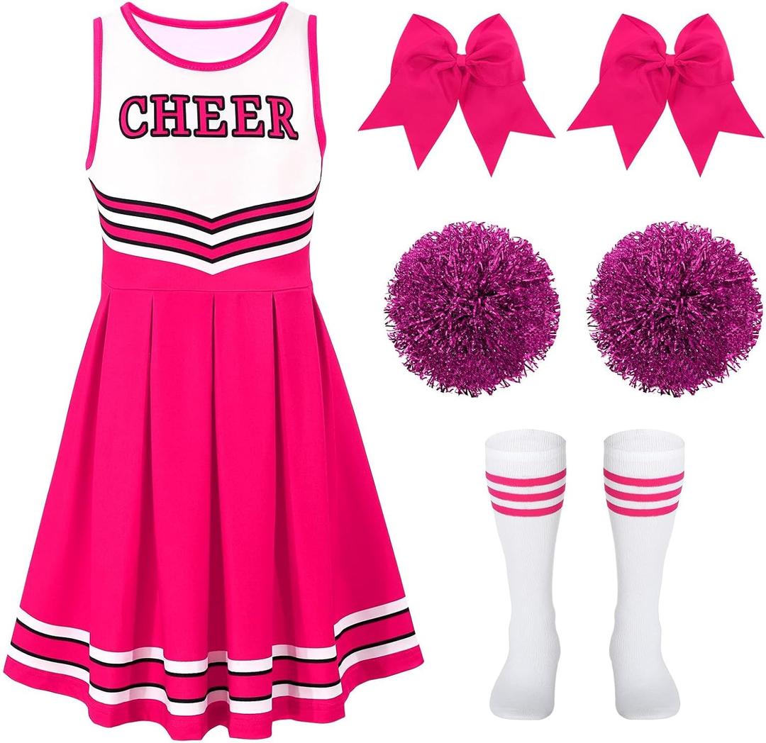 JASGOOD Cheerleader Costume for Girls Halloween Costume Cheerleading Uniform Outfit Set for Dress Up Party Birthday (Size 130, Pink)