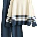 Tanming Women's Lounge Sets 2 Piece Outfits Knitted Pullover Sweater Tops Wide Leg Pants Tracksuit (Medium, Navy)