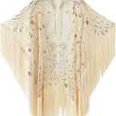 BABEYOND 1920s Sequin Beaded Shawl Wraps Fringed Evening Cape Scarf for Wedding (Beige)