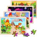 Wooden Puzzles Toys for Kids Ages 3-5, Set of 4 Packs Dinosaur, Space, Transportation Wood Toddler Puzzles, Preschool Brain Teaser Toys for Boys and Girls 2 3 4 5 6 Years Old (Mixed Styles a)