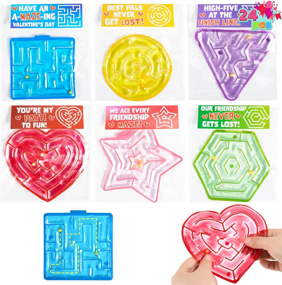 2 x JOYIN 24 Pcs Valentine's Day Sensory Fidget Squeeze Maze Toy with Tags, Water-Filled Sensory Fidget Mazes in 6 Shapes, Calming Toys for Kids Classroom Activity Prize Goodie Bag Stuffers Party Favor