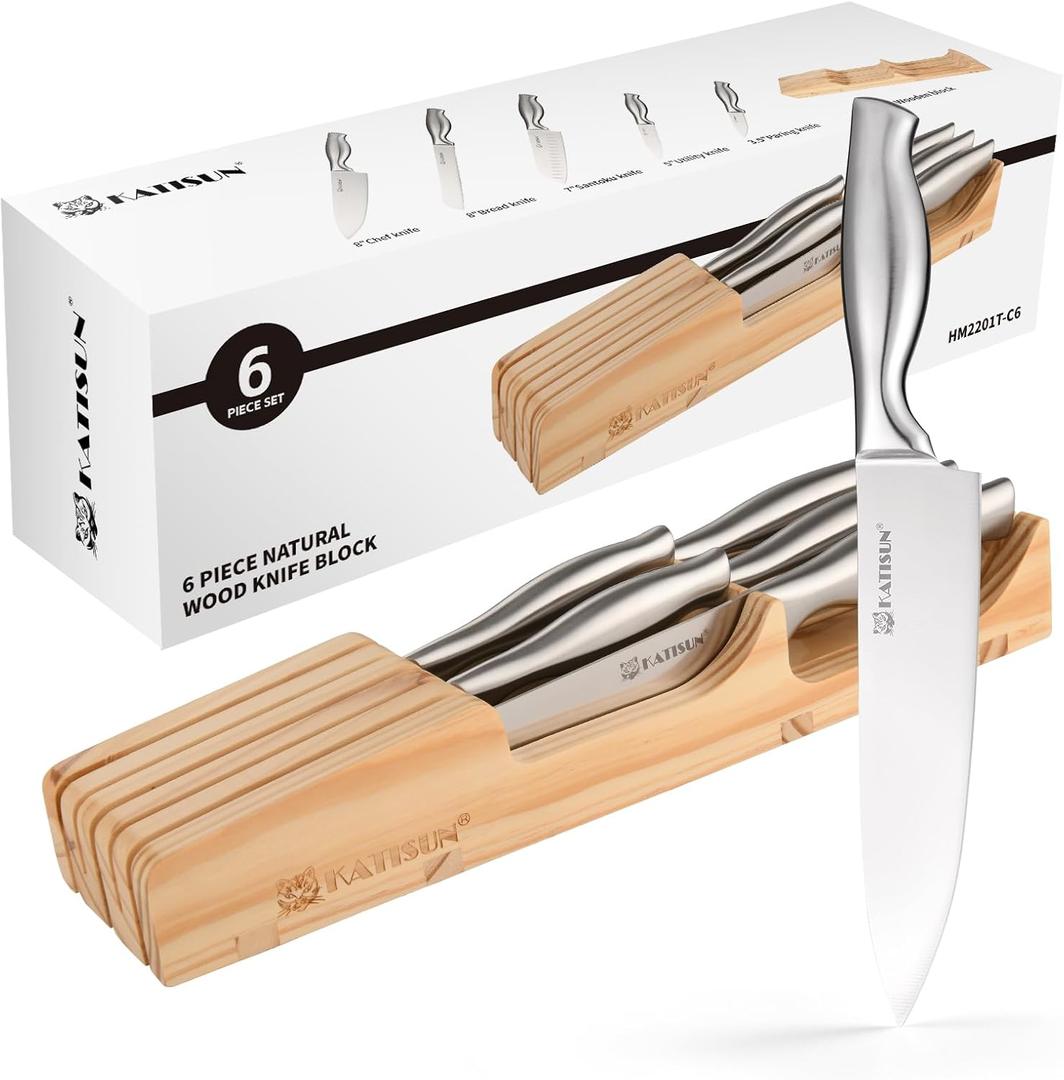 Kitchen Knife Set, 6 Pieces Knife Block Sets with Pine Knives Drawer Organizer, Perfect for Home and Chefs, Premium Knife Holder, Gift for Holiday and Housewarming