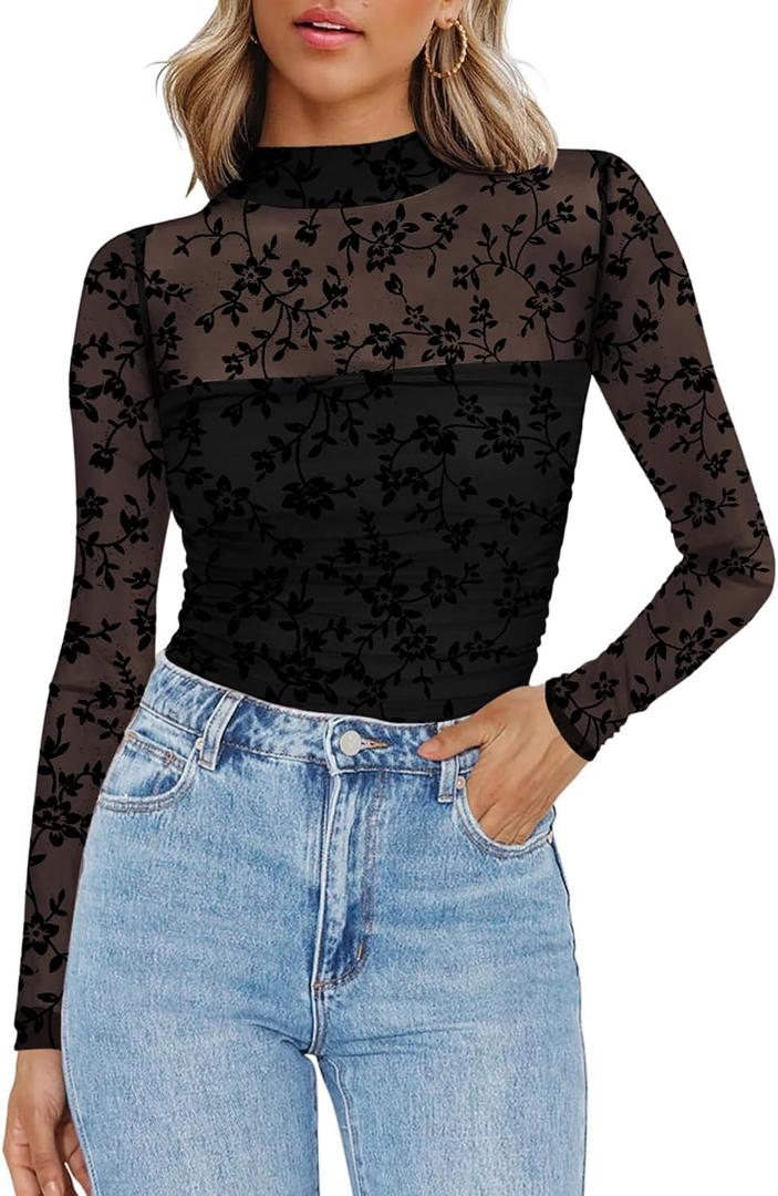 Zeagoo Womens Mesh Sheer Long Sleeve Top Mock Turtle Neck See Though Shirts Ruched Sexy Casual Going Out Blouses (Small, Black Floral)