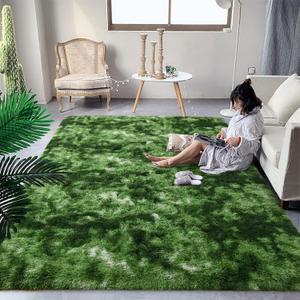 DweIke Fluffy Dark Green Rugs for Bedroom Living Room, 6x9 Large Soft Plush Shaggy Tie-Dyed Forest Moss Green Girls Boys Kids Rug, Non-Slip and Machine Washable Carpet for Dorm Nursery Decor