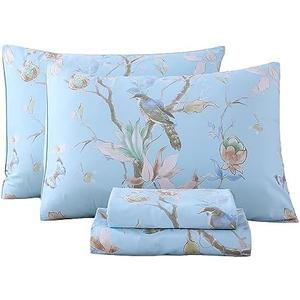 RYNGHIPY Egyptian Cotton Bed Sheet Set Blue Bird Botanical Pattern Bed Sheets Deep Pocket Fitted Sheet Tree Branches Print Bedding Soft Breathable (Light Blue, King Size)