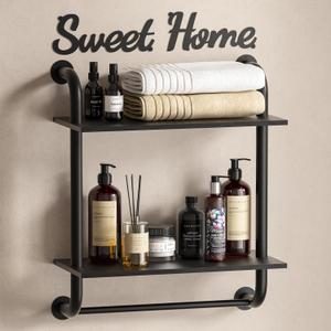Bathroom Shelves Wall Mounted, Rustic Farmhouse Pipe Shelves, Wall Shelves 2-Tier, Industrial Pipe Shelving, Floating Shelf Decor for Bathroom, Kitchen, Bedroom, Living Room 17.3in Black