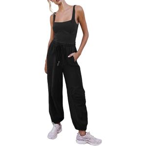 Outfeel Women's Sleeveless Summer Jumpsuit Square Neck Drawstring Waist Long Romper Jumpers 2026 with Pockets Black Large 