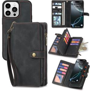 TwoHead Wallet Case Compatible with iPhone 16 Pro Max,Detachable Magnetic Phone Case,PU Leather All-Round Protective Case Wallet with Card Holder/Change Pocket,6.9 in,Black
