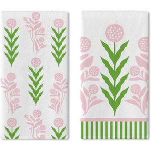 Dandelion Flower Kitchen Dish Towels Set of 2, Botanical Pink Green Floral Drying Hand Towel Baking Cooking Cloth, Spring Summer Bathroom Home Decoration 18'' x 26''